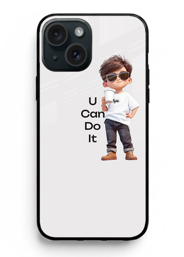 Little Motivator Boy character artwork iphone 15 plus glass back cover