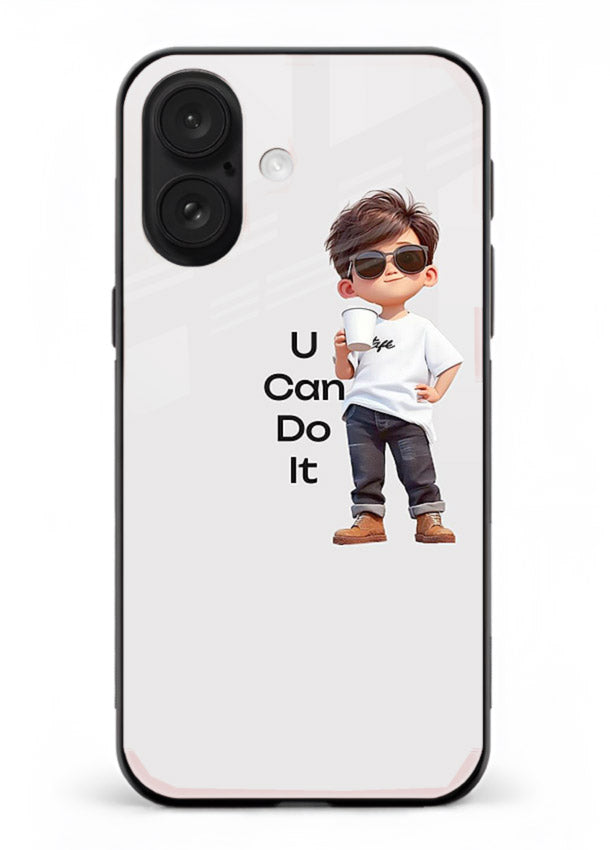 Little Motivator Boy character artwork iphone 16 plus glass back cover