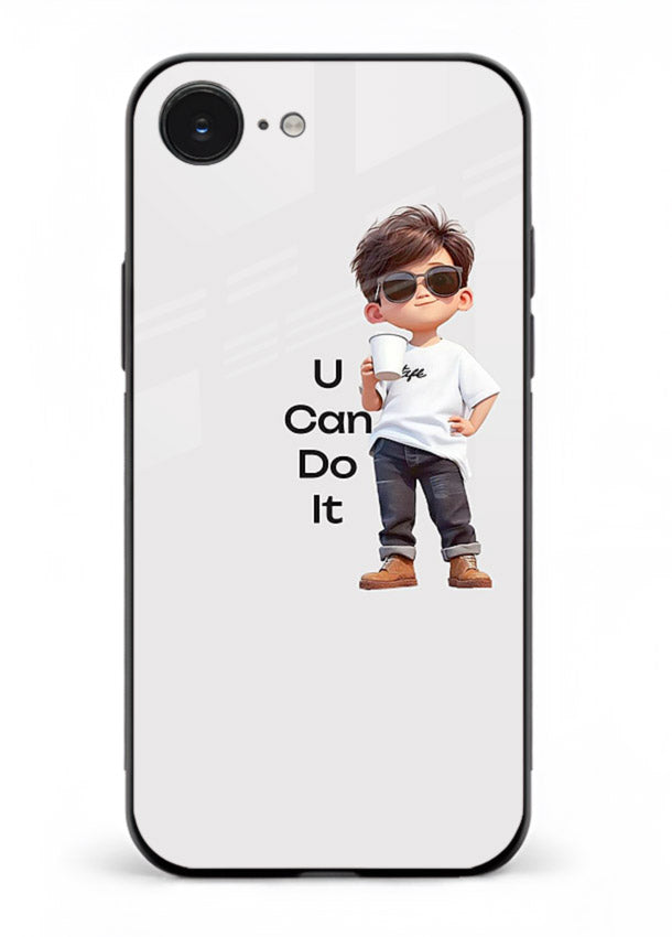 Little Motivator Boy character artwork iphone 16e glass back cover