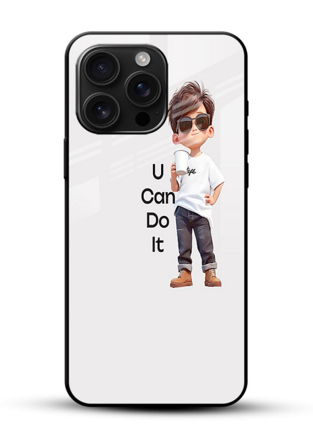 Little Motivator Boy character artwork glossy vibrant premium glass back cover - Angle Front