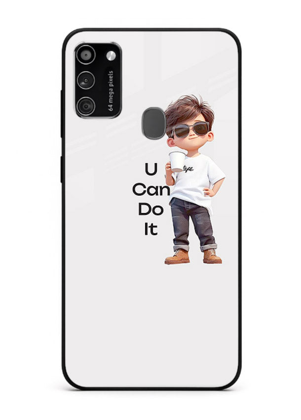 Little Motivator Boy character artwork Samsung M21 glass back cover