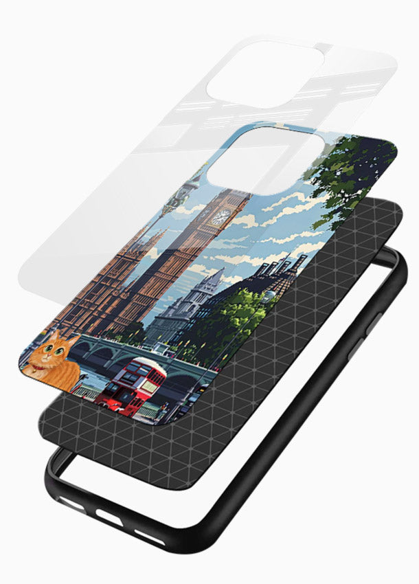 London Cat Street neon cat London artwork glossy vibrant premium glass back cover - Angle Layers