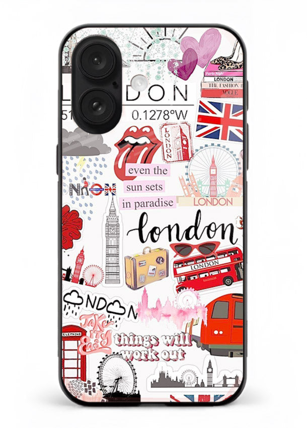 London Icons Stickerbomb collage artwork iphone 16 plus glass back cover