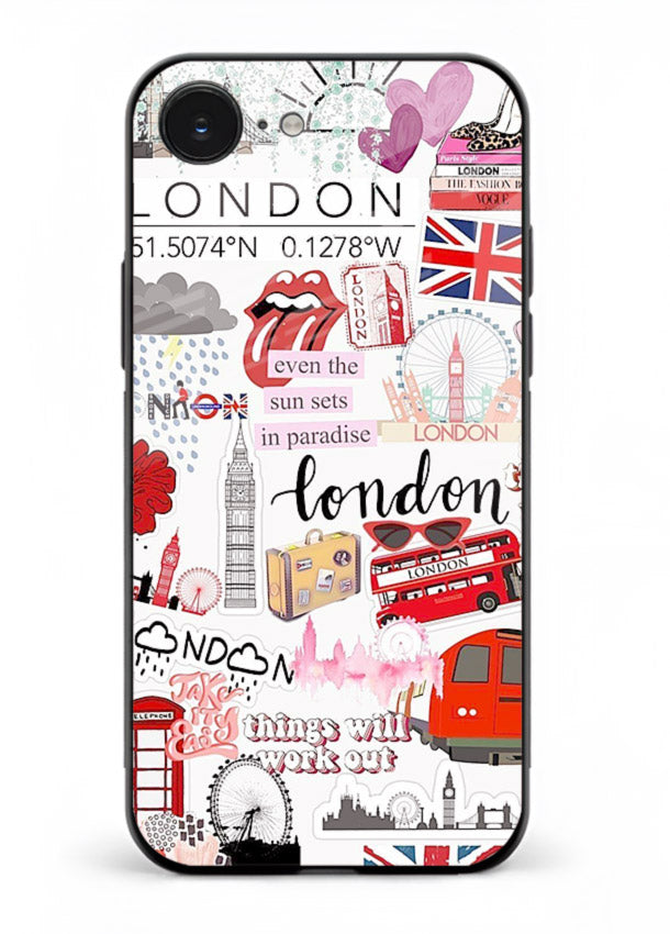 London Icons Stickerbomb collage artwork iphone 16e glass back cover