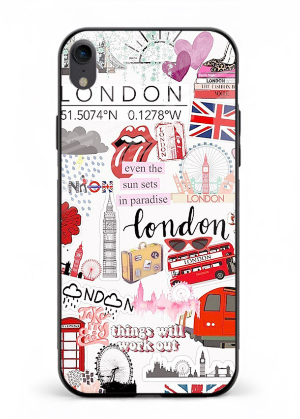 London Icons Stickerbomb collage artwork iphone xr glass back cover