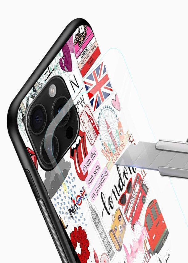 London Icons Stickerbomb collage artwork glossy vibrant premium glass back cover - Angle Blade