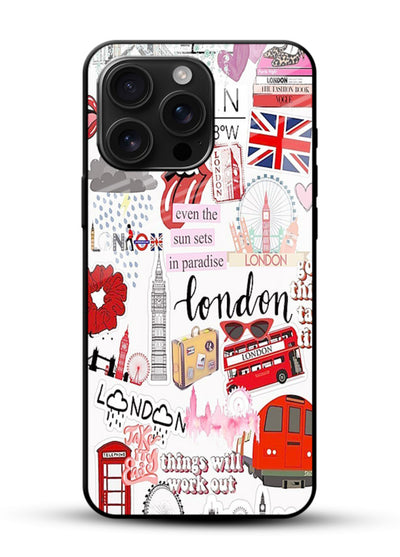 London Icons Stickerbomb collage artwork glossy vibrant premium glass back cover - Angle Front