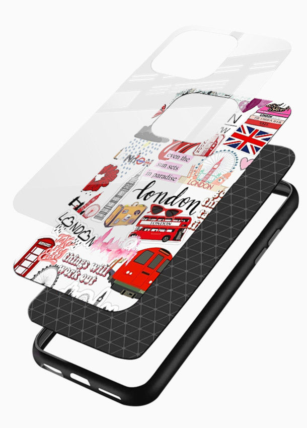 London Icons Stickerbomb collage artwork glossy vibrant premium glass back cover - Angle Layers