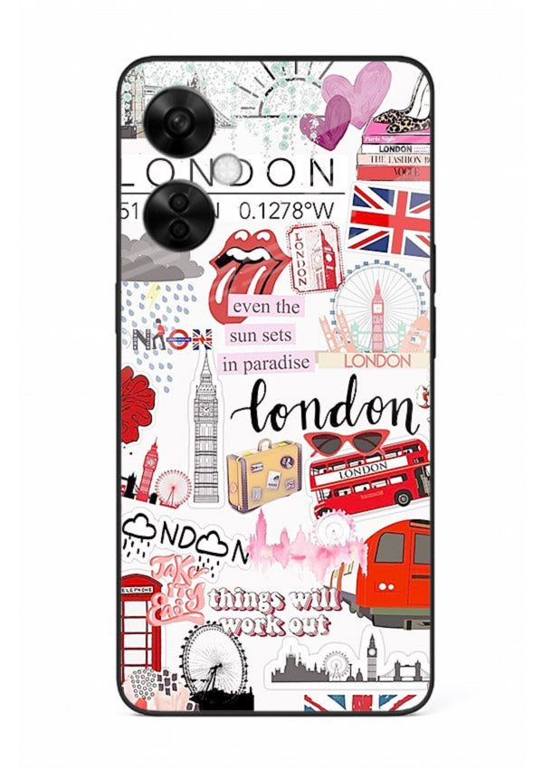 London Icons Stickerbomb collage artwork OnePlus Nord CE3 Lite glass back cover