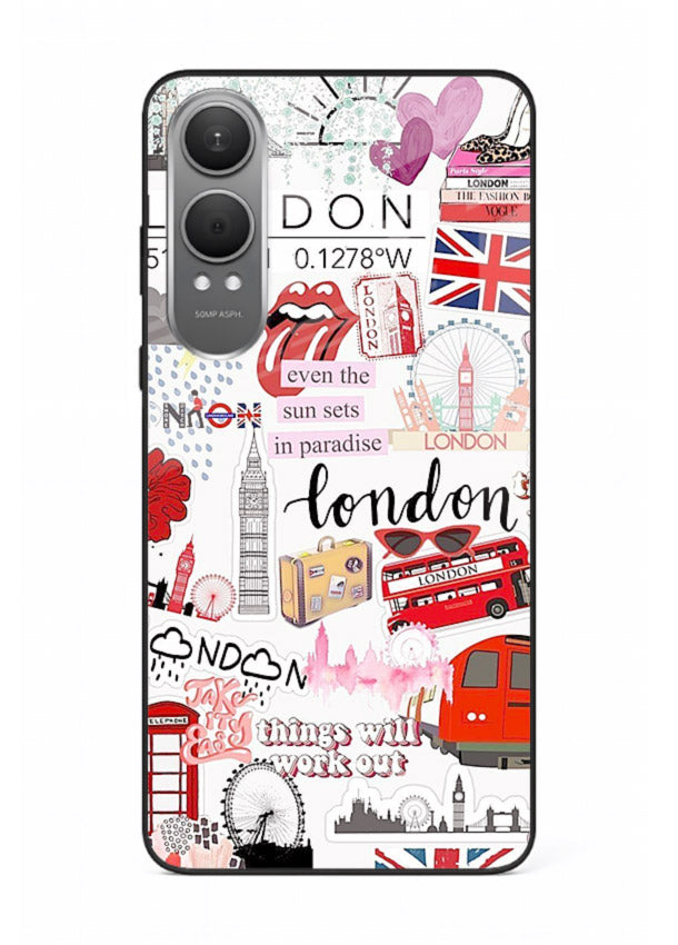 London Icons Stickerbomb collage artwork OnePlus Nord CE4 Lite glass back cover