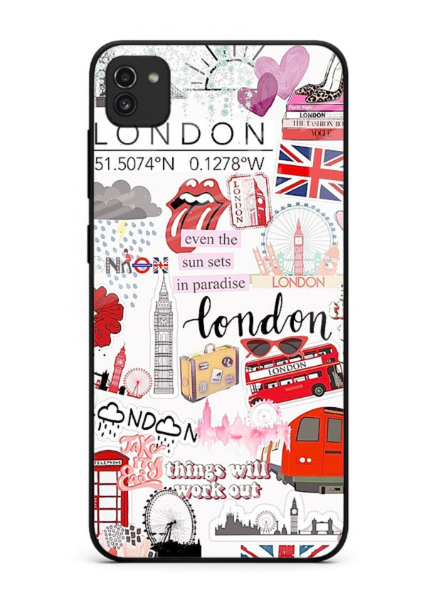 London Icons Stickerbomb collage artwork Samsung A03 glass back cover