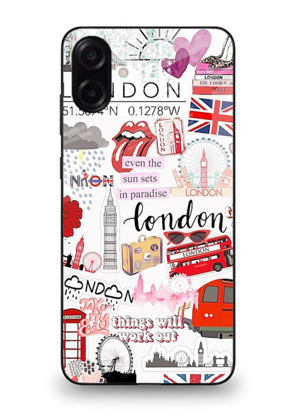 London Icons Stickerbomb collage artwork Samsung M13 5G glass back cover
