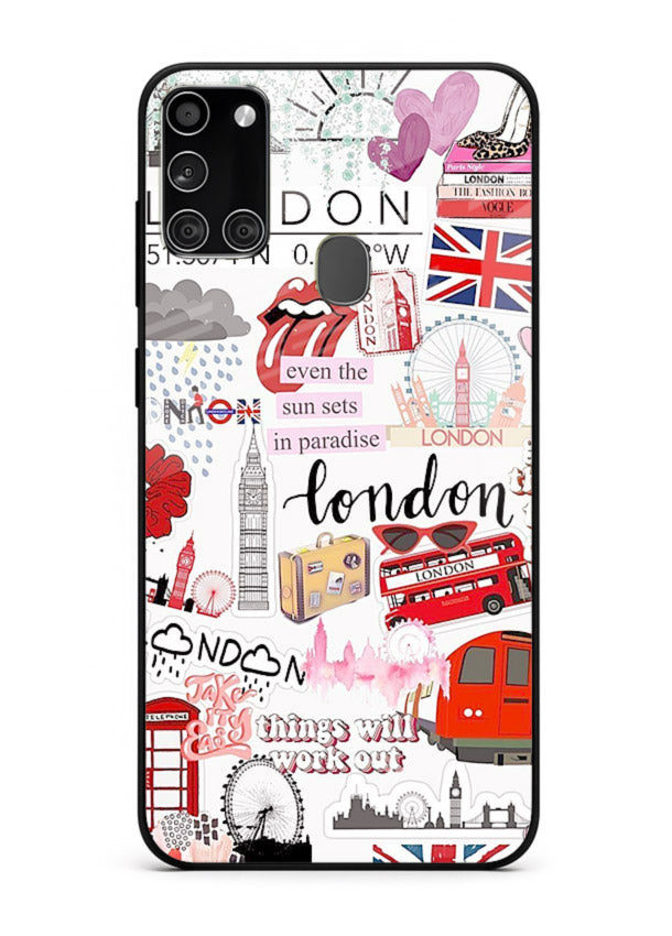 London Icons Stickerbomb collage artwork Samsung A21s glass back cover