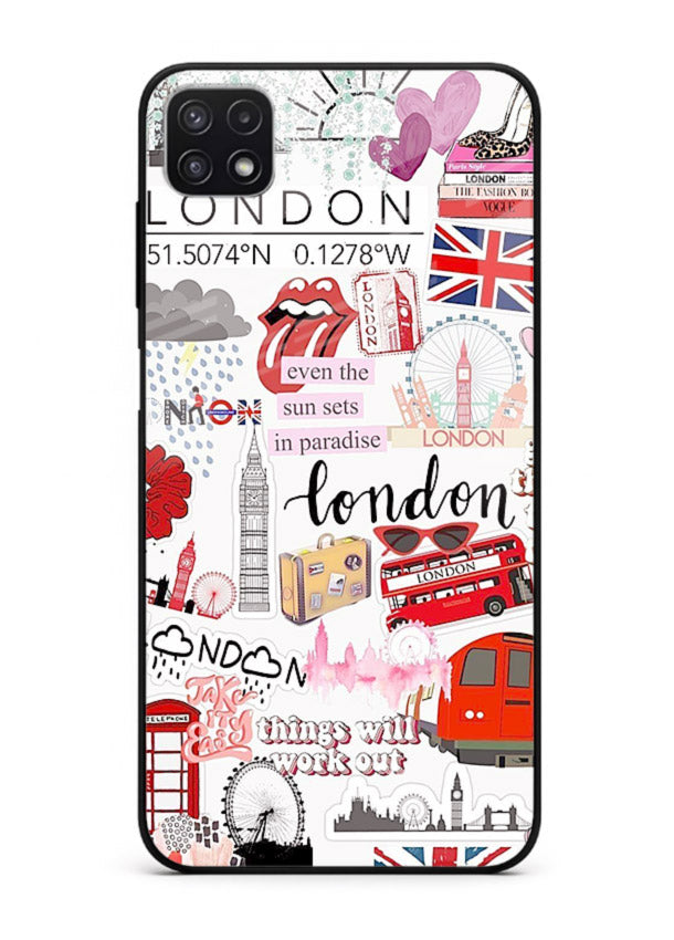 London Icons Stickerbomb collage artwork Samsung A22 5G glass back cover