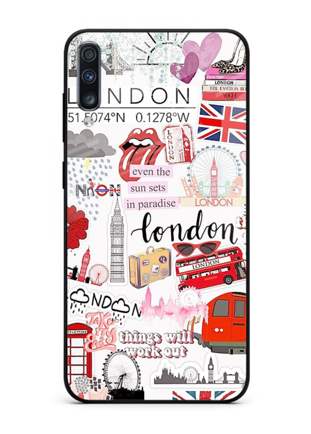London Icons Stickerbomb collage artwork Samsung A70 glass back cover