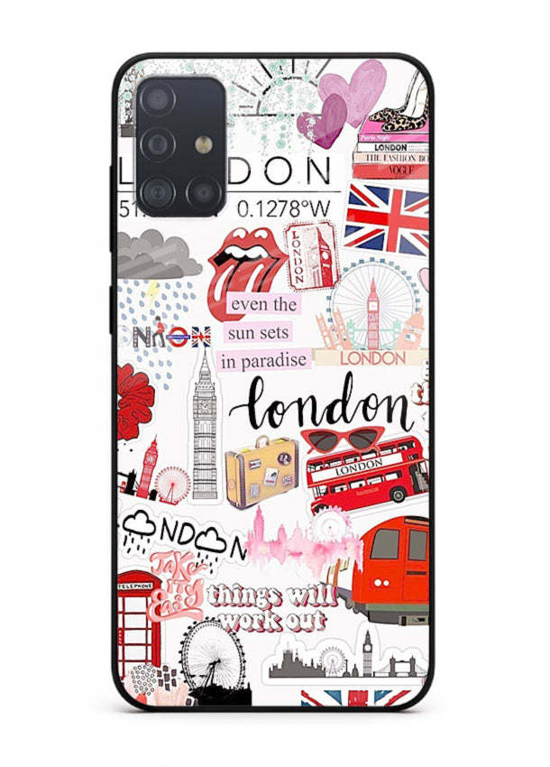 London Icons Stickerbomb collage artwork Samsung A51 glass back cover