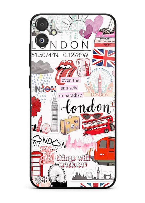 London Icons Stickerbomb collage artwork Samsung F05 5G glass back cover