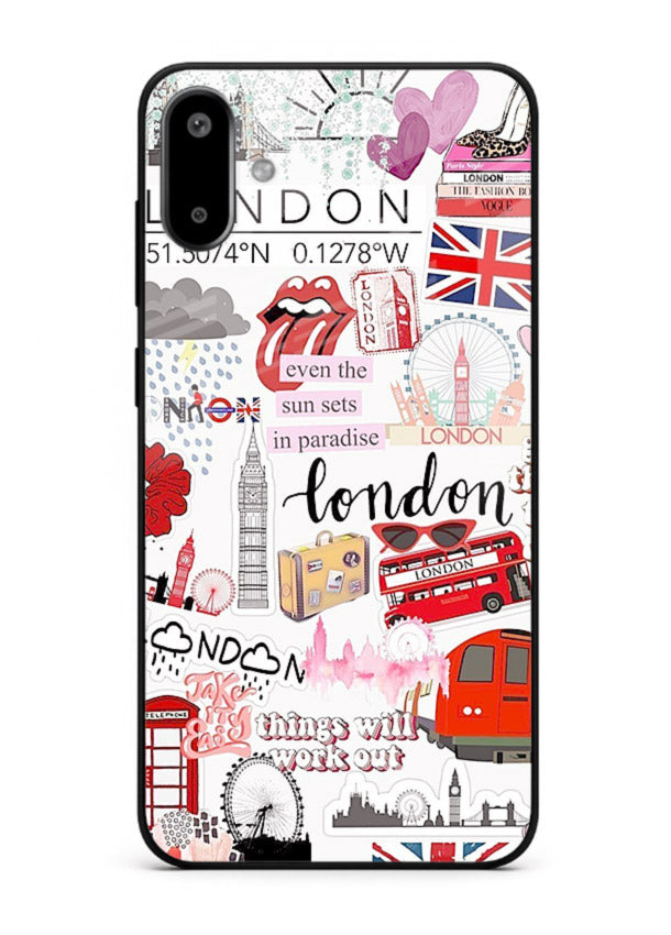 London Icons Stickerbomb collage artwork Samsung F06 5G glass back cover