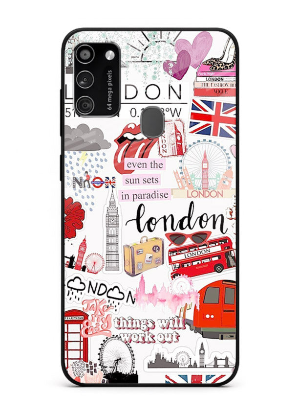 London Icons Stickerbomb collage artwork Samsung M21 glass back cover