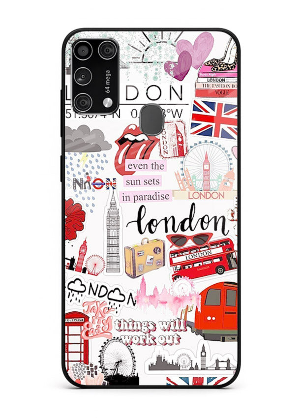 London Icons Stickerbomb collage artwork Samsung M31 glass back cover