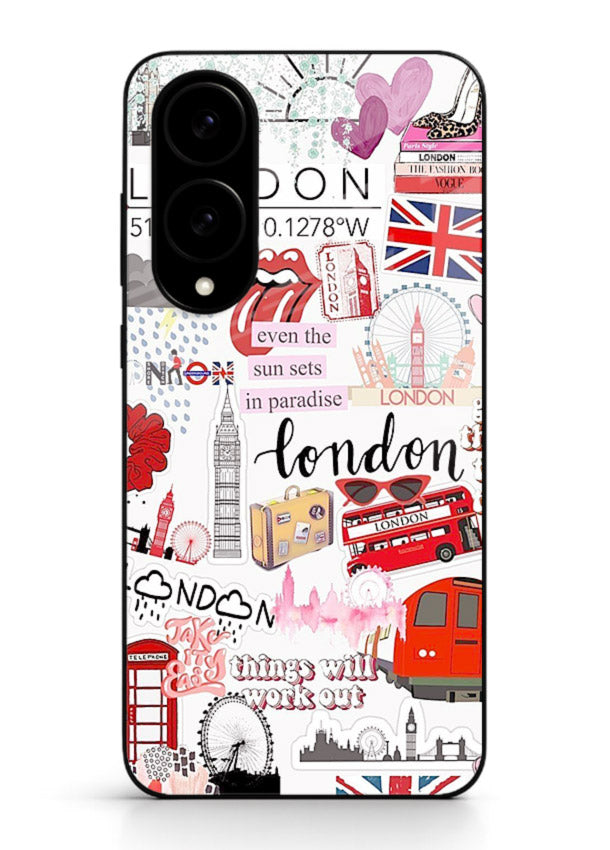 London Icons Stickerbomb collage artwork Samsung S25 Edge glass back cover