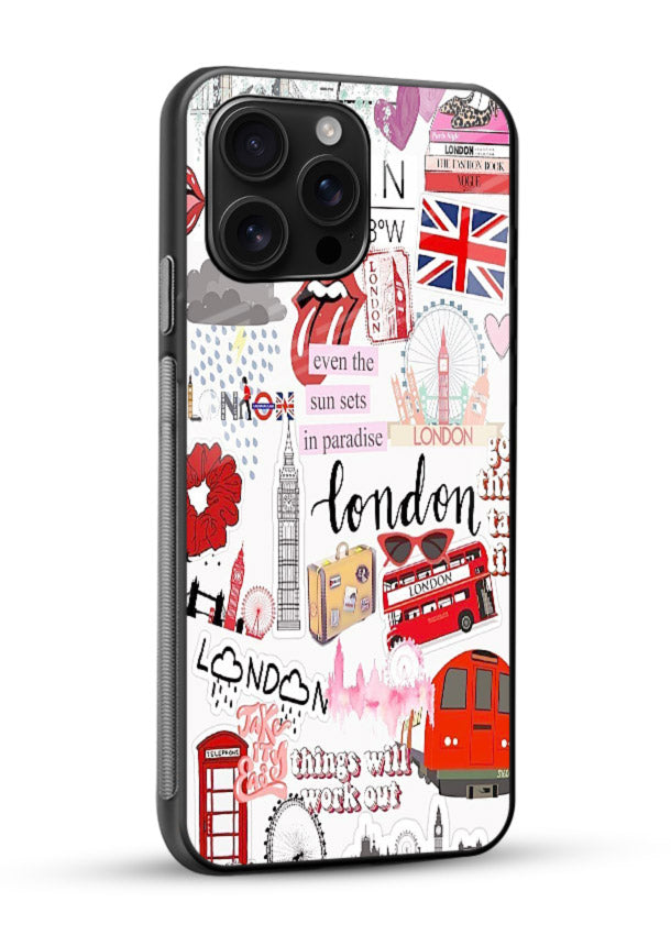 London Icons Stickerbomb collage artwork glossy vibrant premium glass back cover - Angle Side