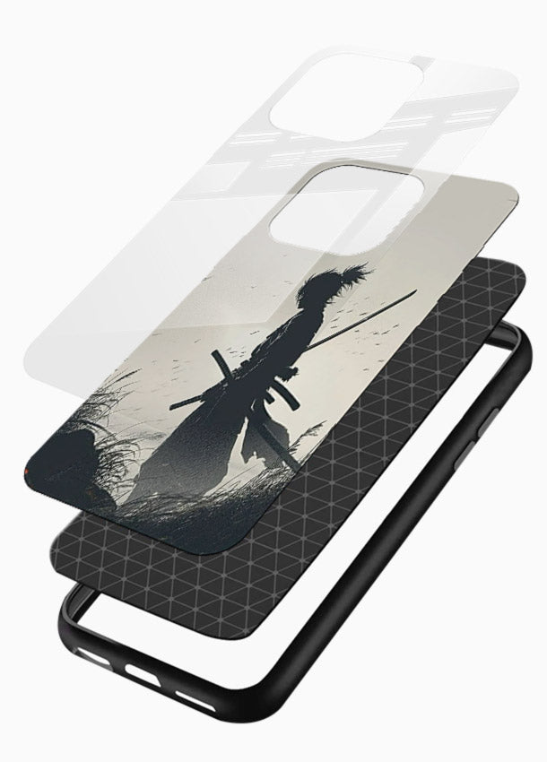 lone samurai sunset warm silhouette art glossy vibrant premium glass cover japanese scenic case - Angle Layers