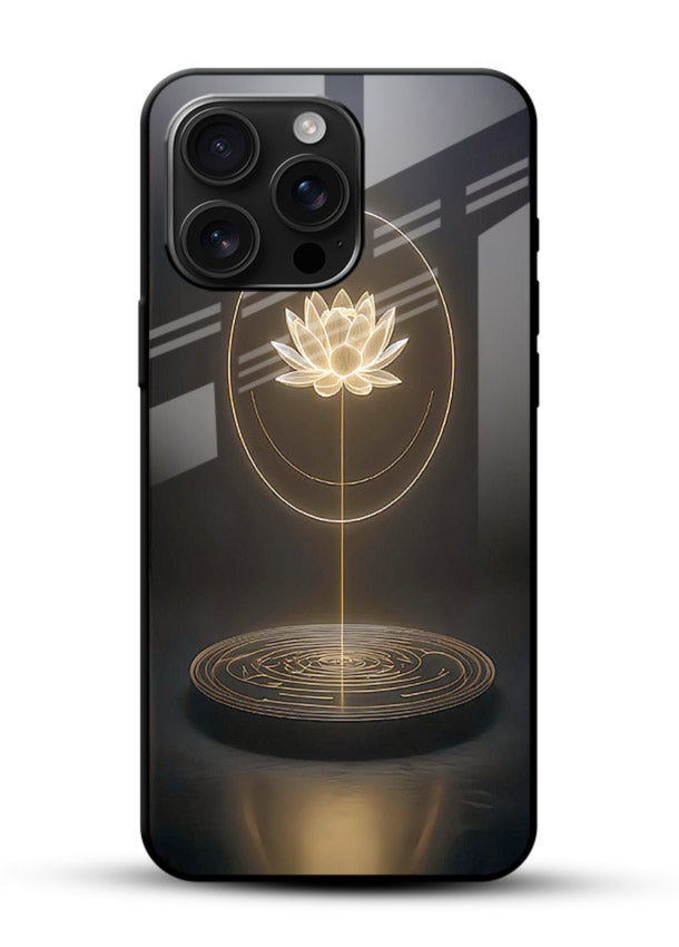 Golden lotus shining spiritual art glossy vibrant premium glass elegant divine cover - Angle Front