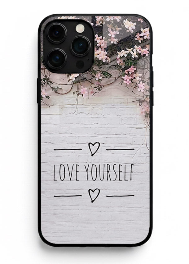Floral self-love message printed on iphone 11 pro max glass back cover with gentle pastel tones.