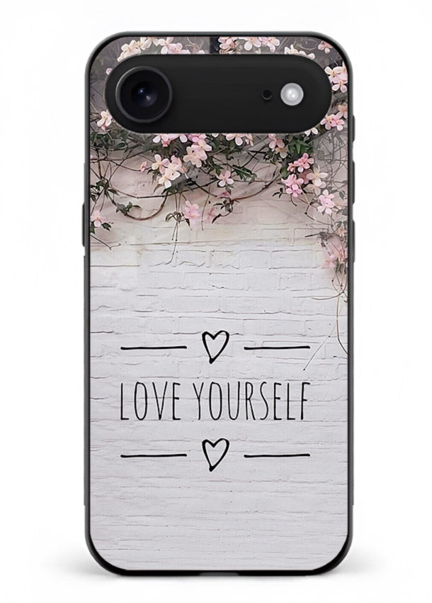 Floral self-love message printed on iphone 18 air glass back cover with gentle pastel tones.