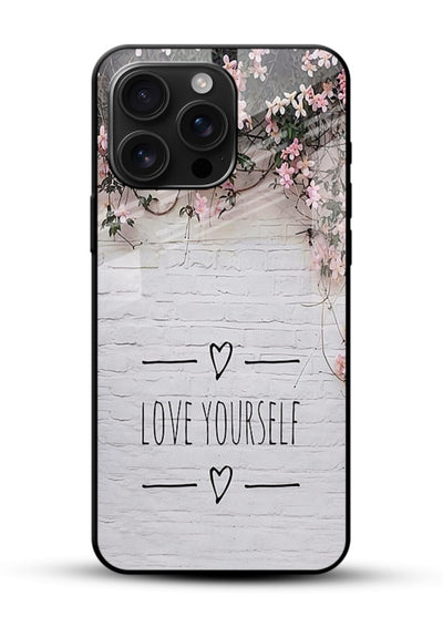 Floral self-love message printed on glossy vibrant premium glass back cover with gentle pastel tones. - Angle Front