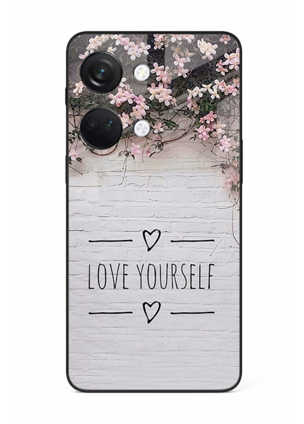 Floral self-love message printed on OnePlus Nord 3 glass back cover with gentle pastel tones.