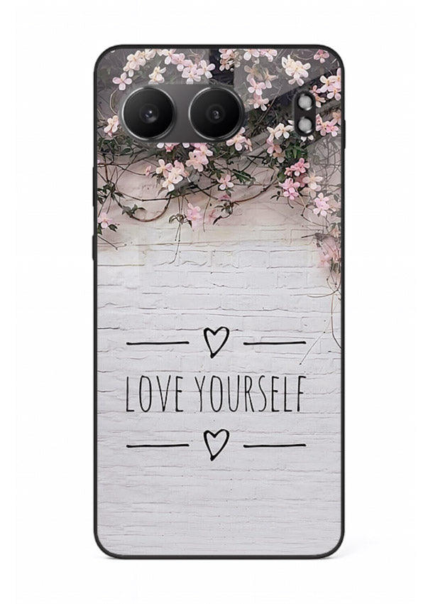 Floral self-love message printed on OnePlus Nord 4 glass back cover with gentle pastel tones.