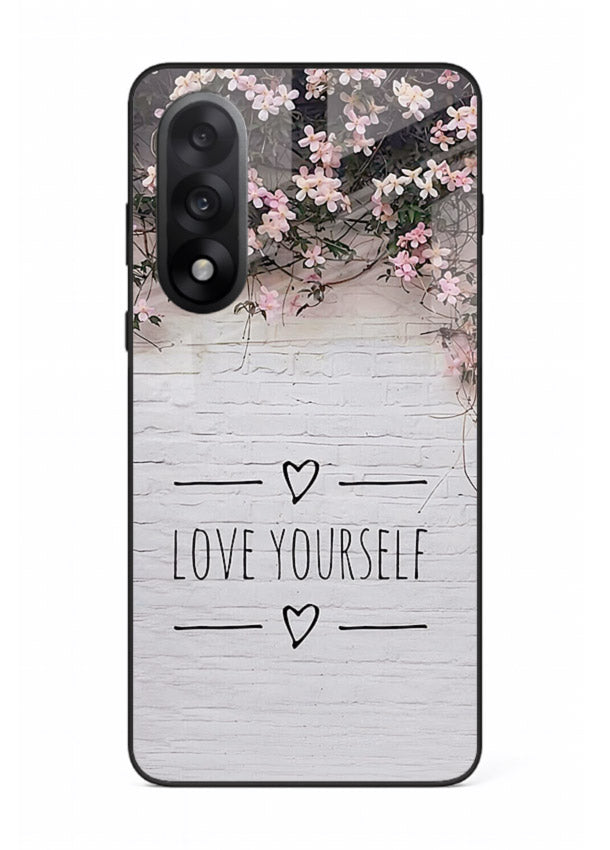 Floral self-love message printed on OnePlus Nord 5 glass back cover with gentle pastel tones.