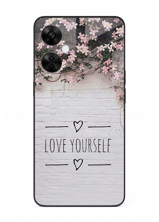 Floral self-love message printed on OnePlus Nord CE3 Lite glass back cover with gentle pastel tones.