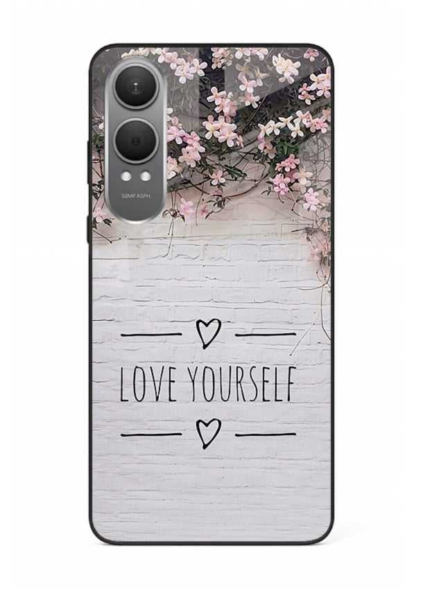 Floral self-love message printed on OnePlus Nord CE4 Lite glass back cover with gentle pastel tones.