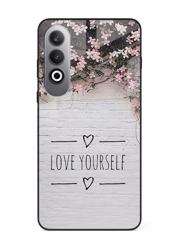 Floral self-love message printed on OnePlus Nord CE4 glass back cover with gentle pastel tones.