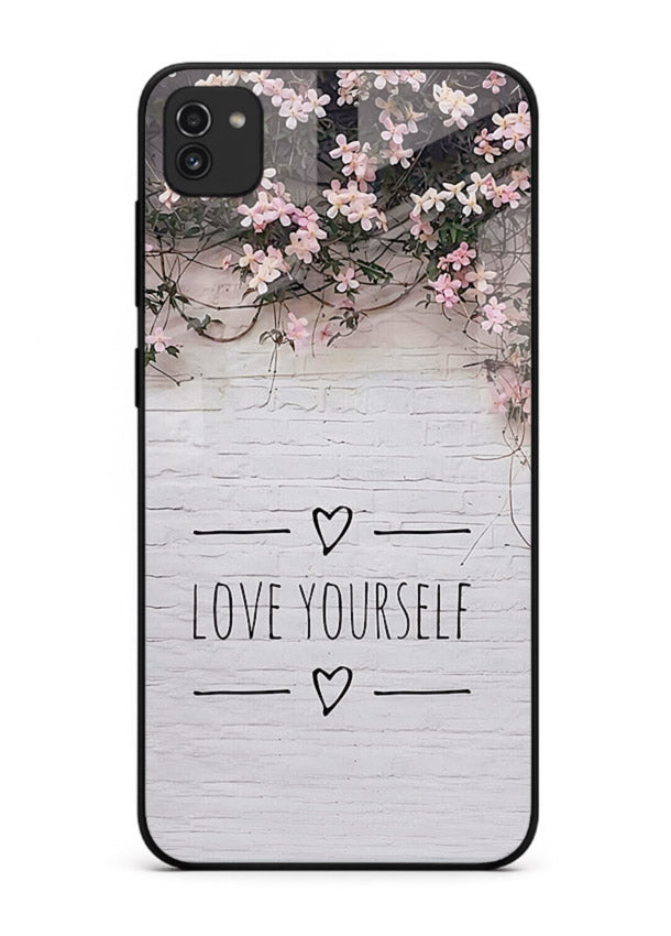 Floral self-love message printed on Samsung A03 glass back cover with gentle pastel tones.