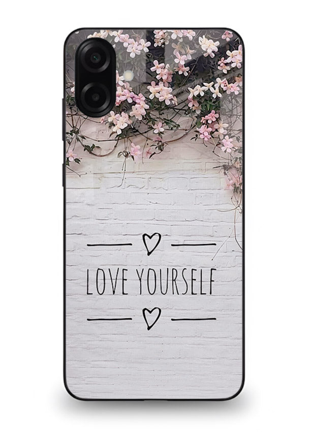 Floral self-love message printed on Samsung A07 4G glass back cover with gentle pastel tones.