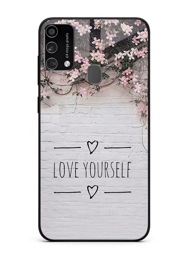 Floral self-love message printed on Samsung F41 glass back cover with gentle pastel tones.
