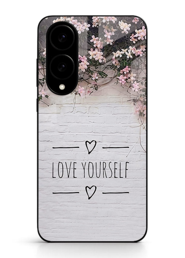 Floral self-love message printed on Samsung S25 Edge glass back cover with gentle pastel tones.