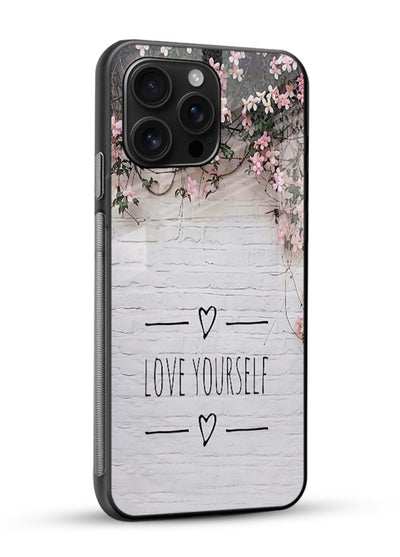 Floral self-love message printed on glossy vibrant premium glass back cover with gentle pastel tones. - Angle Side