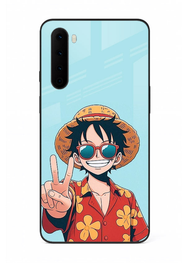luffy peace sign cute anime art OnePlus Nord glass cover tropical cheerful case
