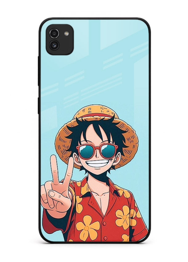 luffy peace sign cute anime art Samsung A03 glass cover tropical cheerful case