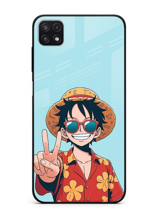 luffy peace sign cute anime art Samsung F42 5G glass cover tropical cheerful case