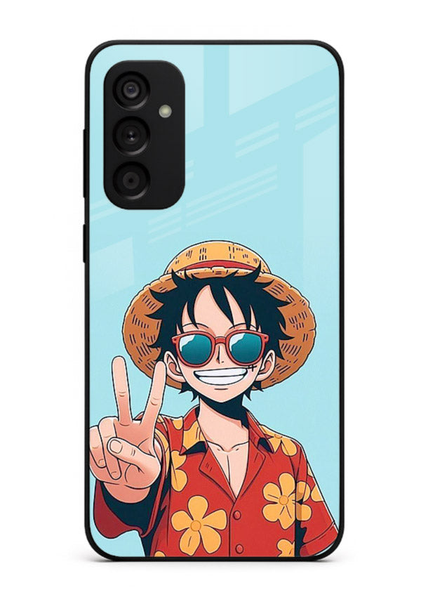 luffy peace sign cute anime art Samsung F34 5G glass cover tropical cheerful case