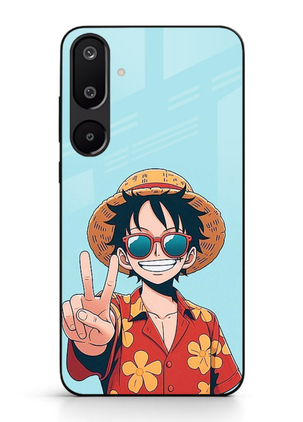 luffy peace sign cute anime art Samsung F16 5G glass cover tropical cheerful case