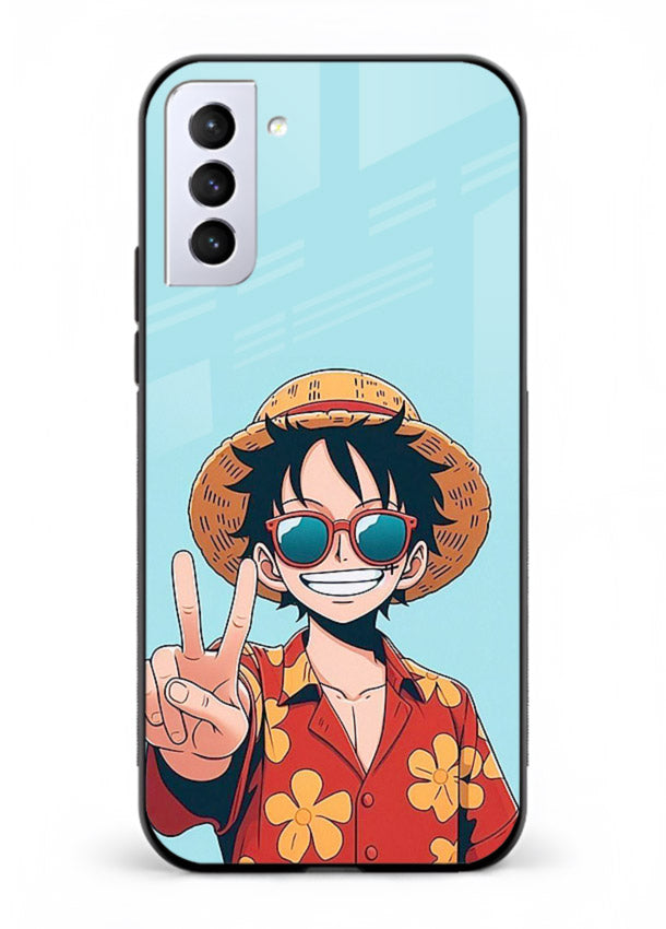 luffy peace sign cute anime art Samsung S21 Plus glass cover tropical cheerful case