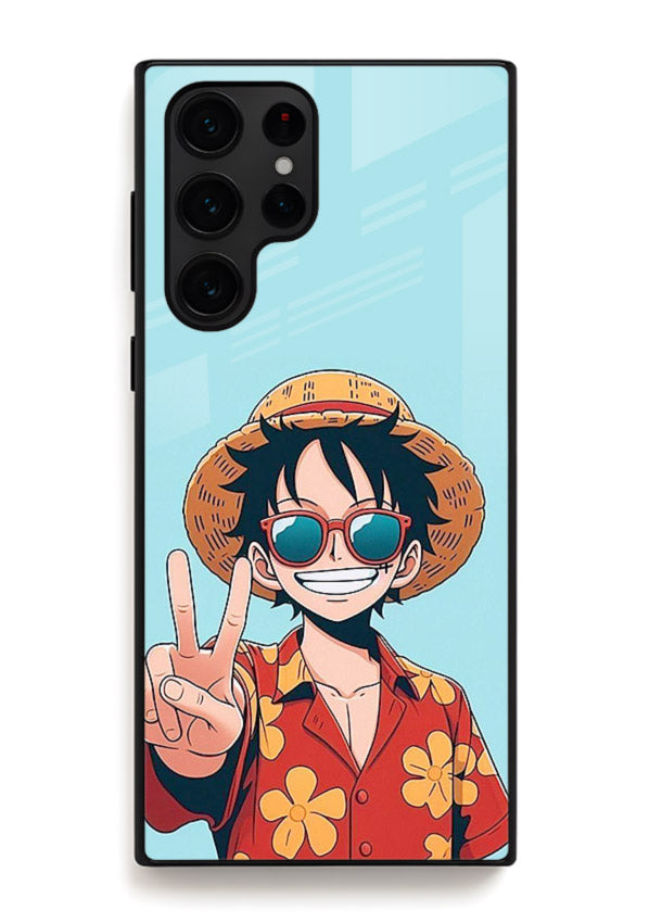 luffy peace sign cute anime art Samsung S24 Ultra glass cover tropical cheerful case