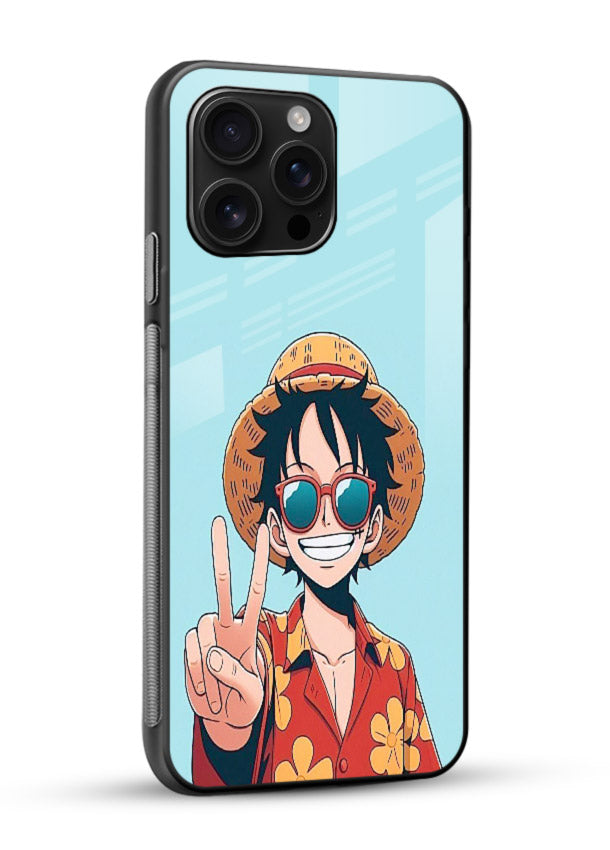 luffy peace sign cute anime art glossy vibrant premium glass cover tropical cheerful case - Angle Side